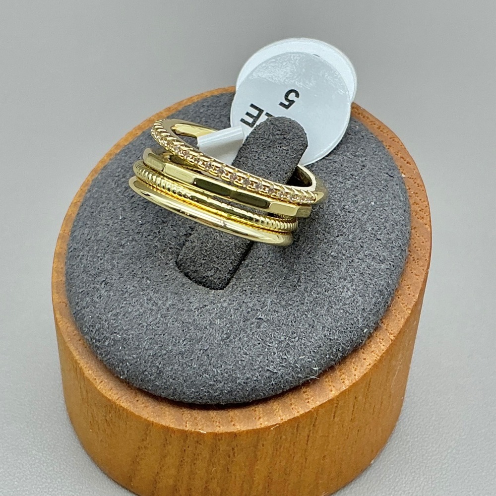 Stackable Ring Set Women Gold Tone Textured Smooth Rhinestone Accents Size 5